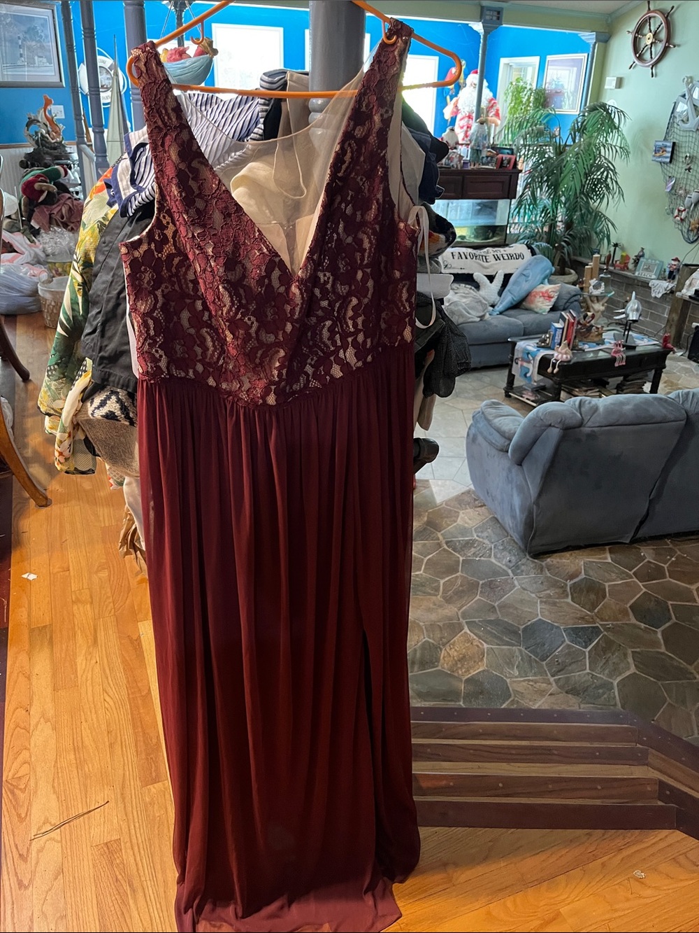 Burgundy Lace V-Neck Evening Gown